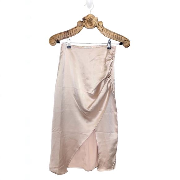 Rachel Zoe Midi Skirt Asymmetric Ruched Beige Cream Neutral Satin Front Slit xs